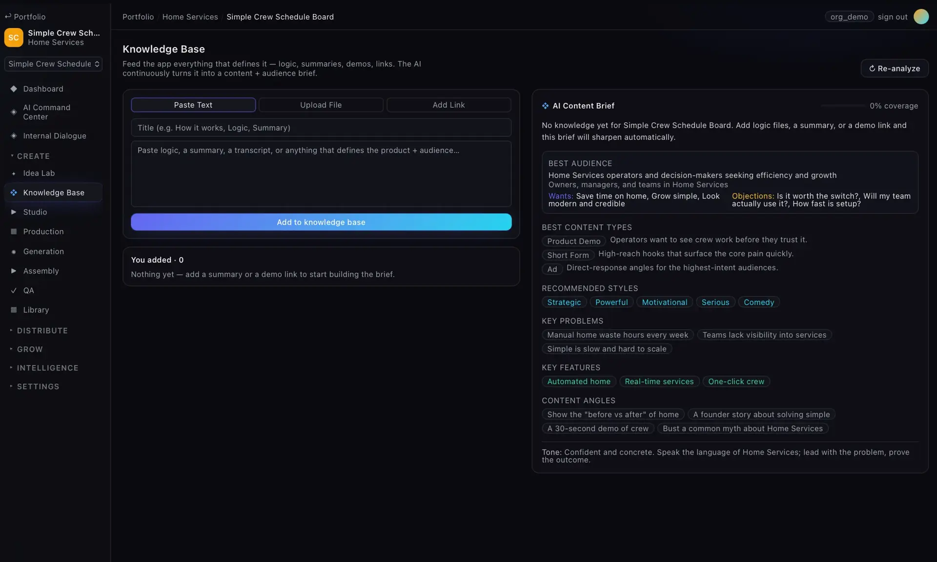 Knowledge Base page with paste text, upload, and add-link inputs on the left and an AI content brief with audience and content types on the right.