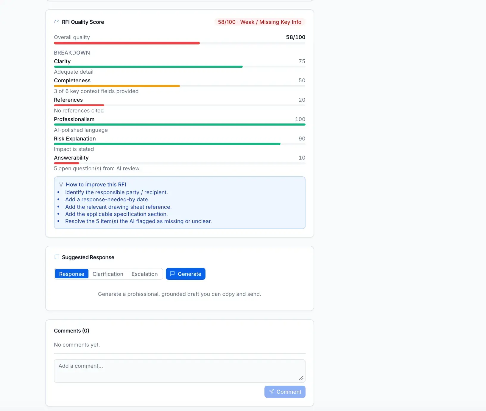 RFI Quality Score panel breaking down clarity, completeness, references, professionalism, and answerability, with a 'How to improve this RFI' list and a Suggested Response generator.