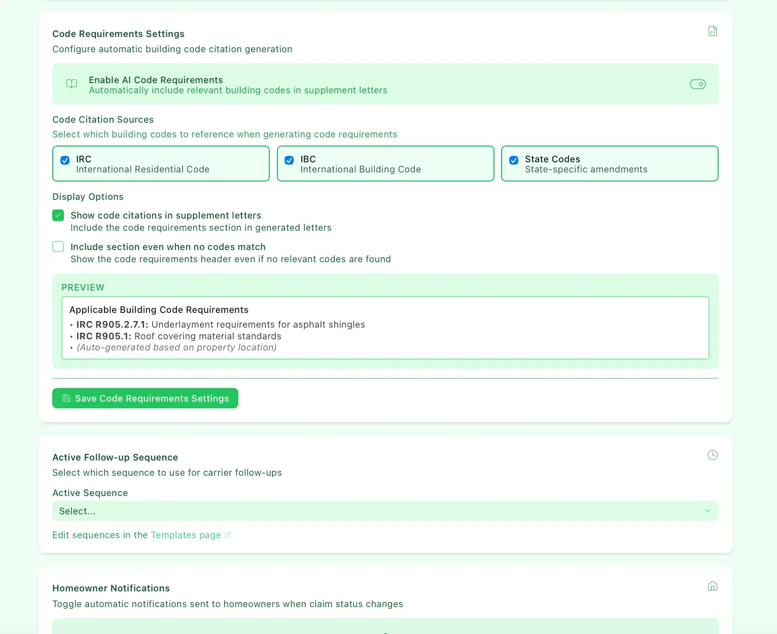 SuppoTrack Code Requirements Settings with AI code requirements enabled, IRC/IBC/State code sources checked, display options, and a preview of applicable building code citations