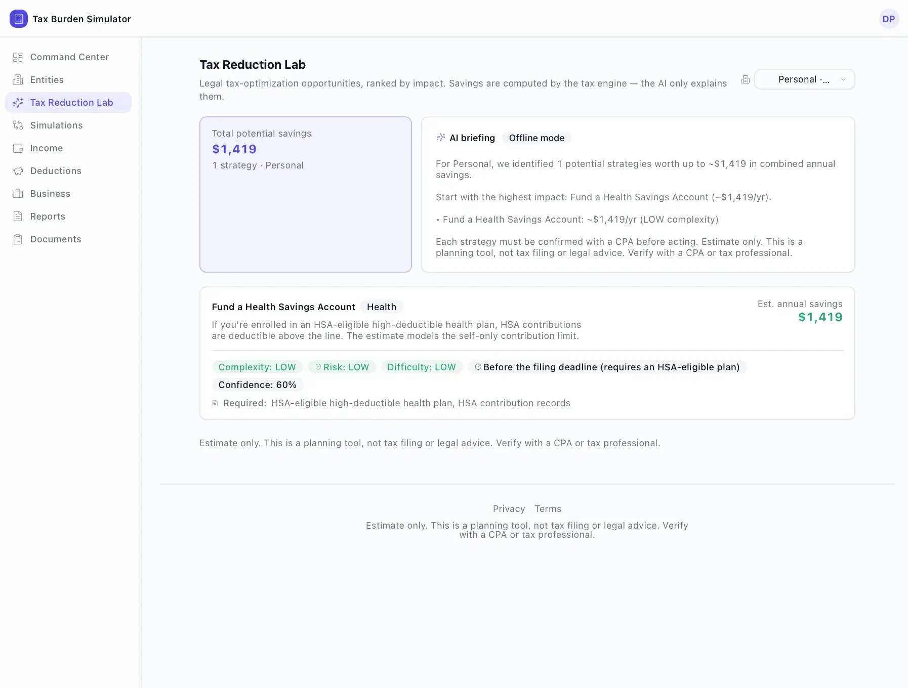 Tax Burden Simulator Tax Reduction Lab showing $1,419 total potential savings, an offline-mode AI briefing, and a Fund a Health Savings Account strategy card.