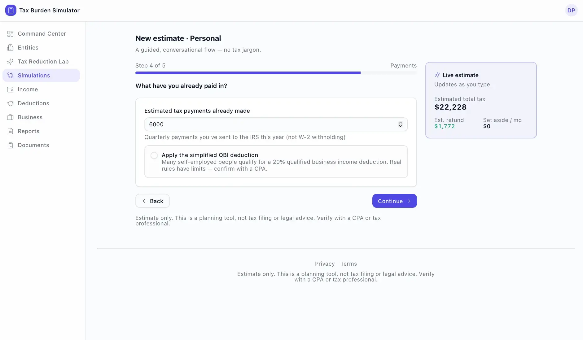 Tax Burden Simulator wizard step 4 of 5 (Payments) with an estimated-payments field and a checkbox to apply the simplified QBI deduction.
