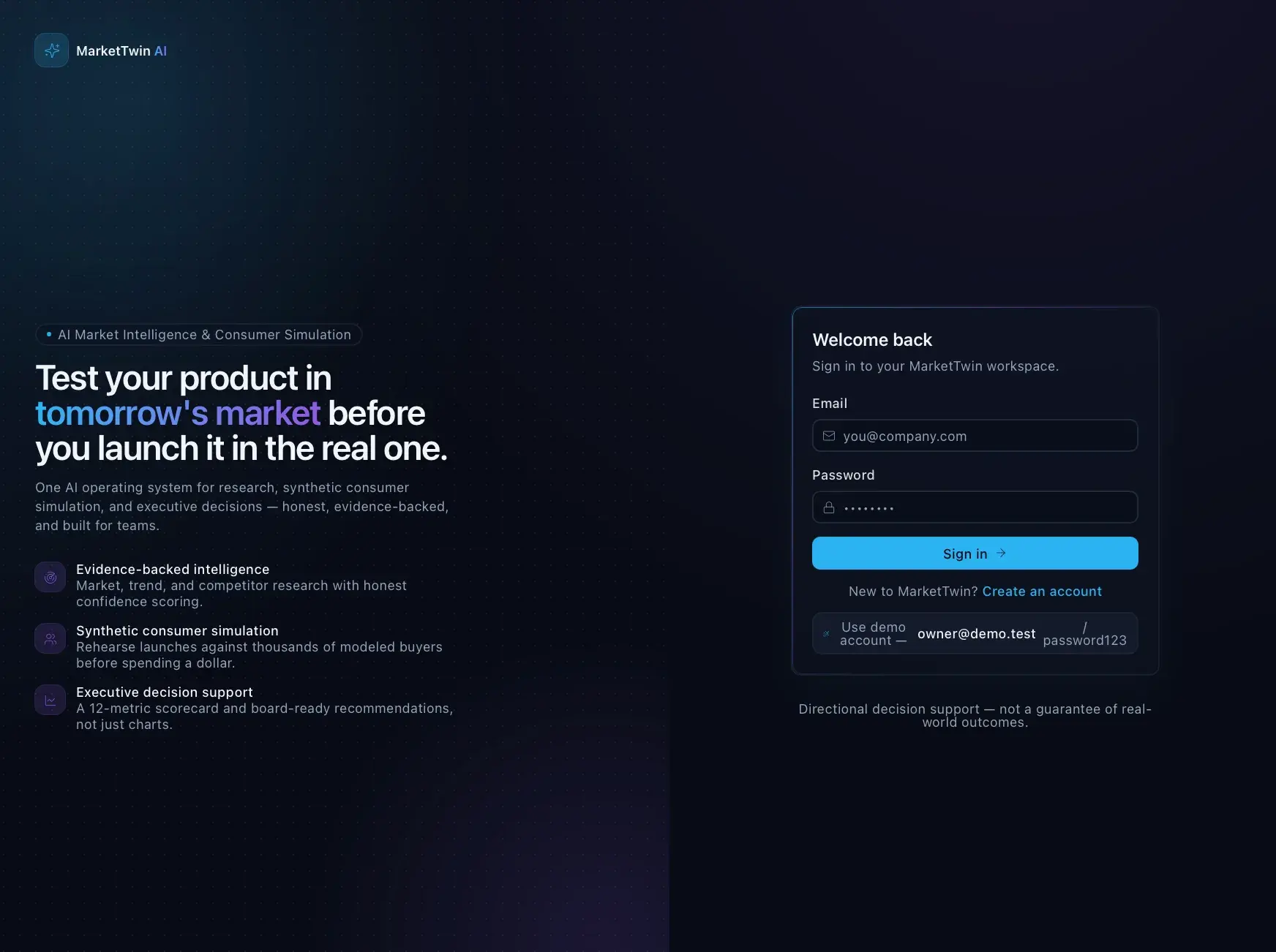 MarketTwin AI split sign-in page with a feature list on the left ('Test your product in tomorrow's market') and an email/password sign-in form on the right.