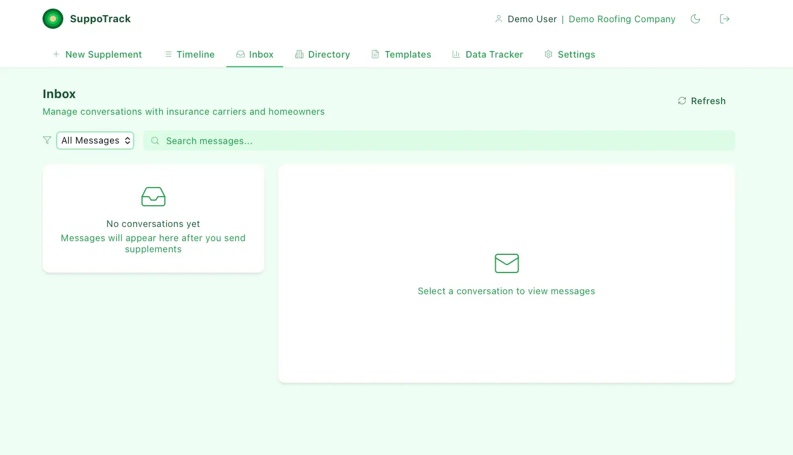 SuppoTrack Inbox for managing carrier and homeowner conversations, showing a No conversations yet empty state and a Select a conversation prompt