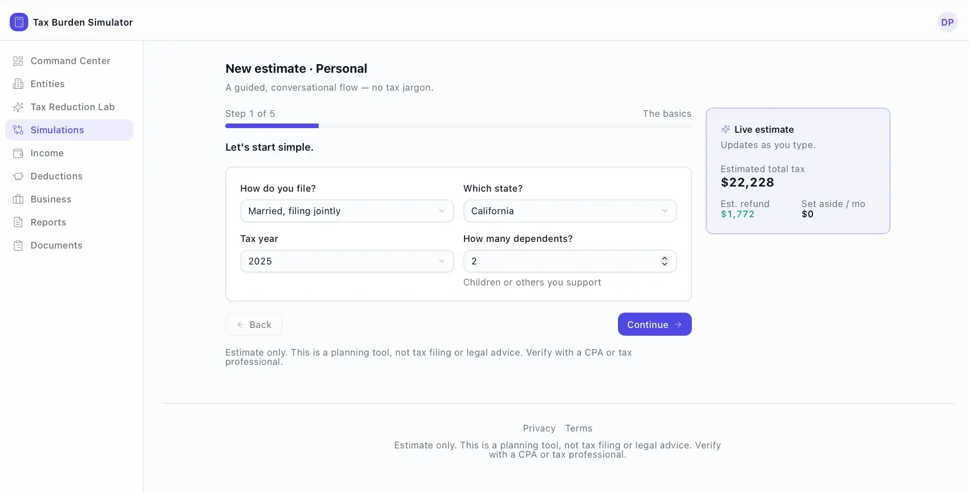 Tax Burden Simulator new-estimate wizard step 1 of 5 (The basics) with filing status, state, tax year, and dependents fields and a live estimate side panel.