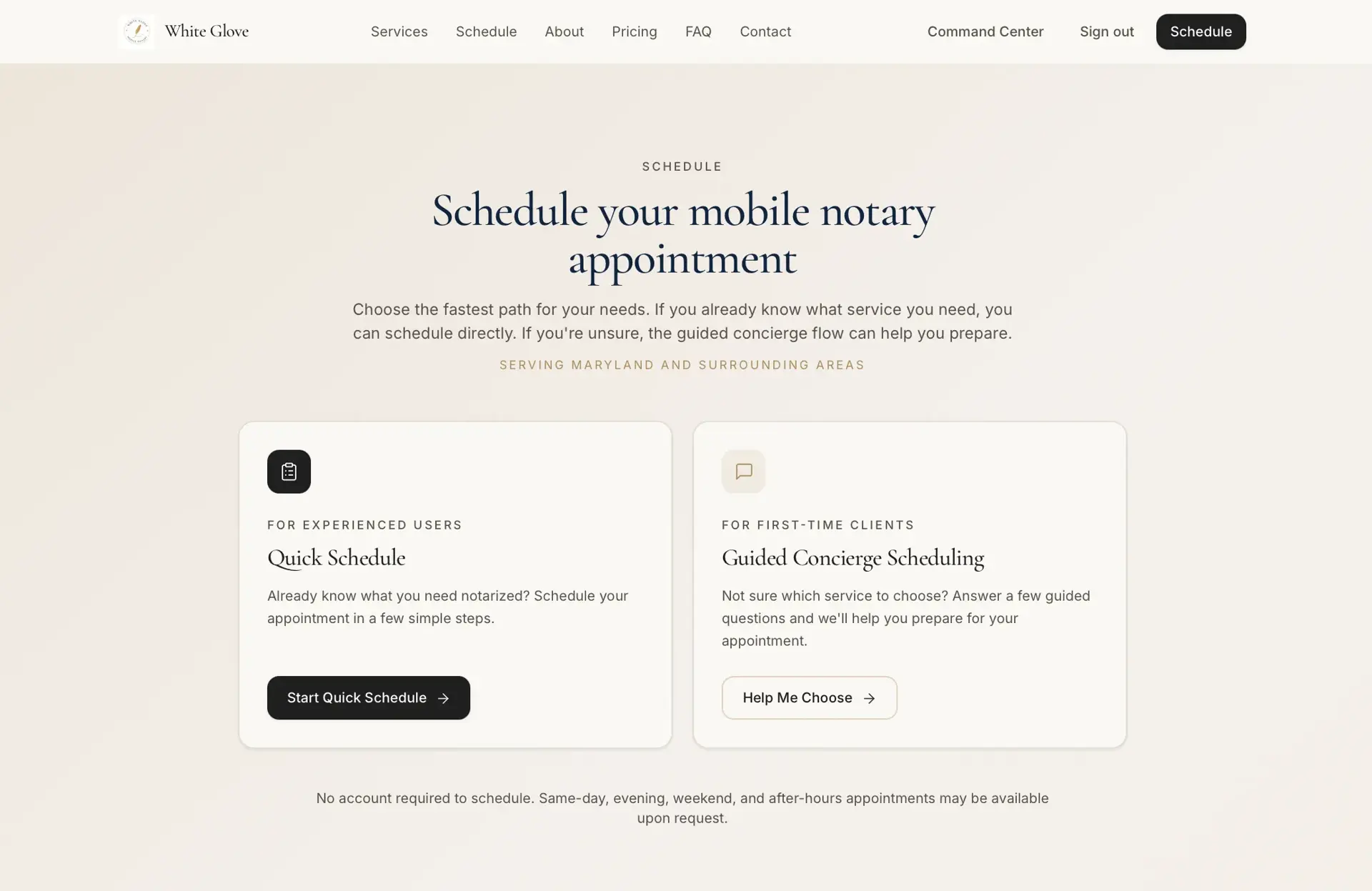 Scheduling page offering two paths to book a mobile notary appointment: Quick Schedule for experienced users or Guided Concierge Scheduling for first-timers