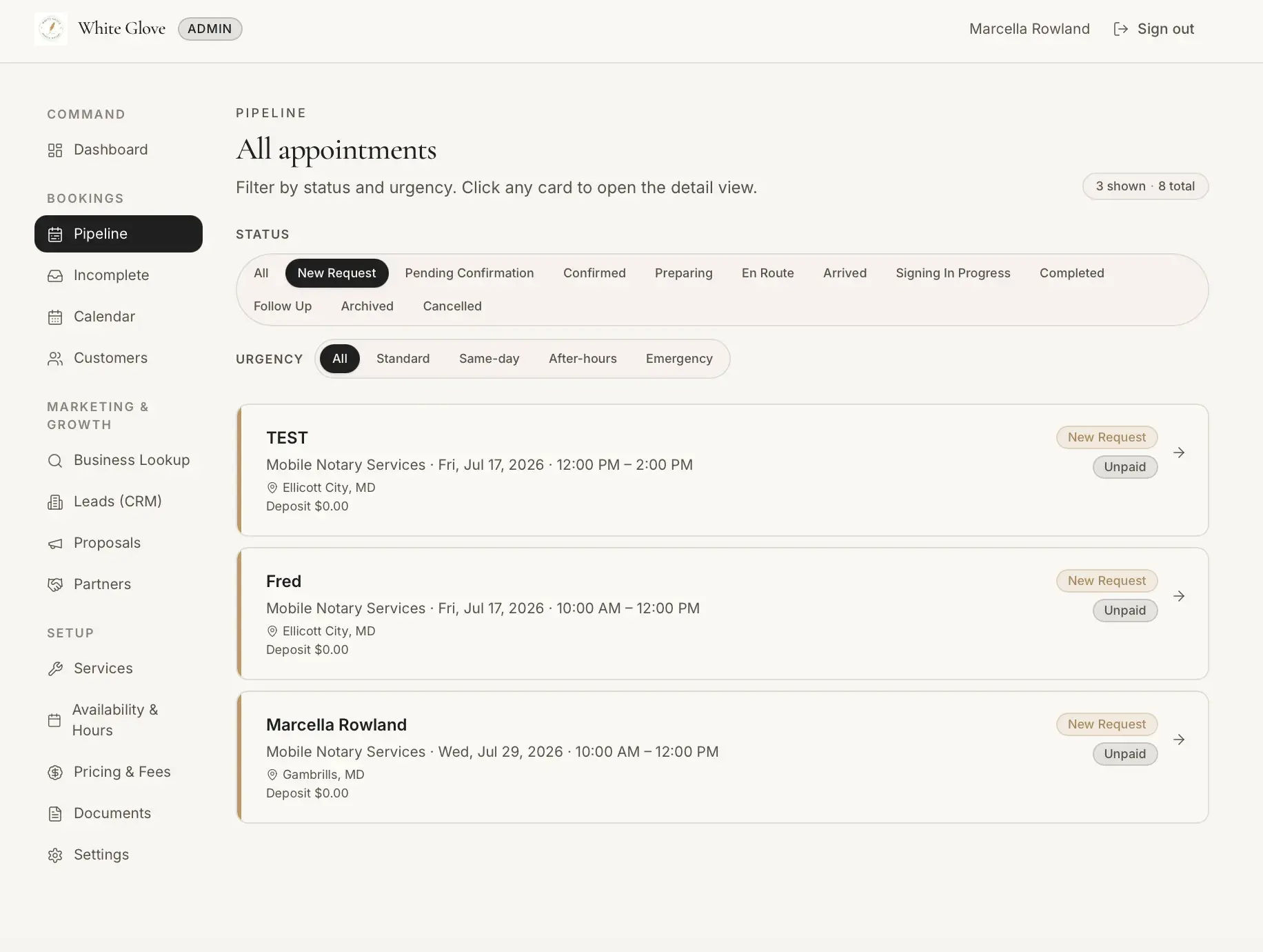 Admin Pipeline 'All appointments' list filtered to New Request status, showing three booking cards for TEST, Fred, and Marcella Rowland, all marked Unpaid