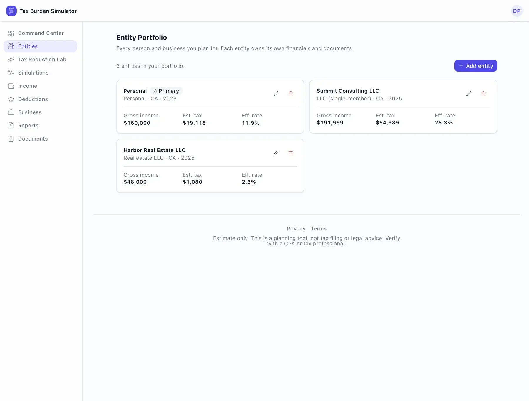 Tax Burden Simulator Entity Portfolio with three entity cards (Personal, Summit Consulting LLC, Harbor Real Estate LLC) each showing gross income, estimated tax, and effective rate.