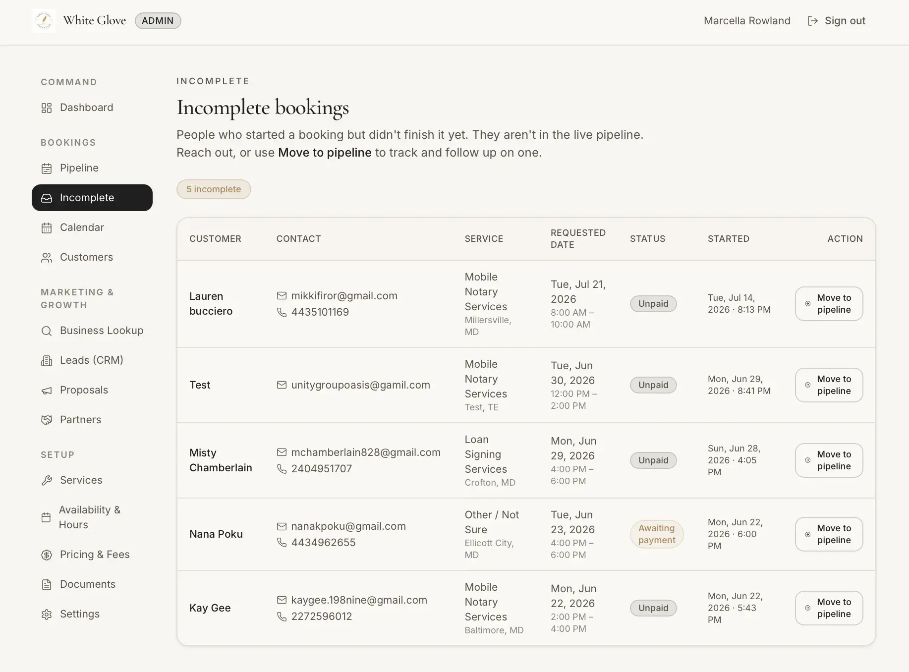 Admin 'Incomplete bookings' table of five customers who started but didn't finish a booking, with contact, service, status, and Move to pipeline buttons