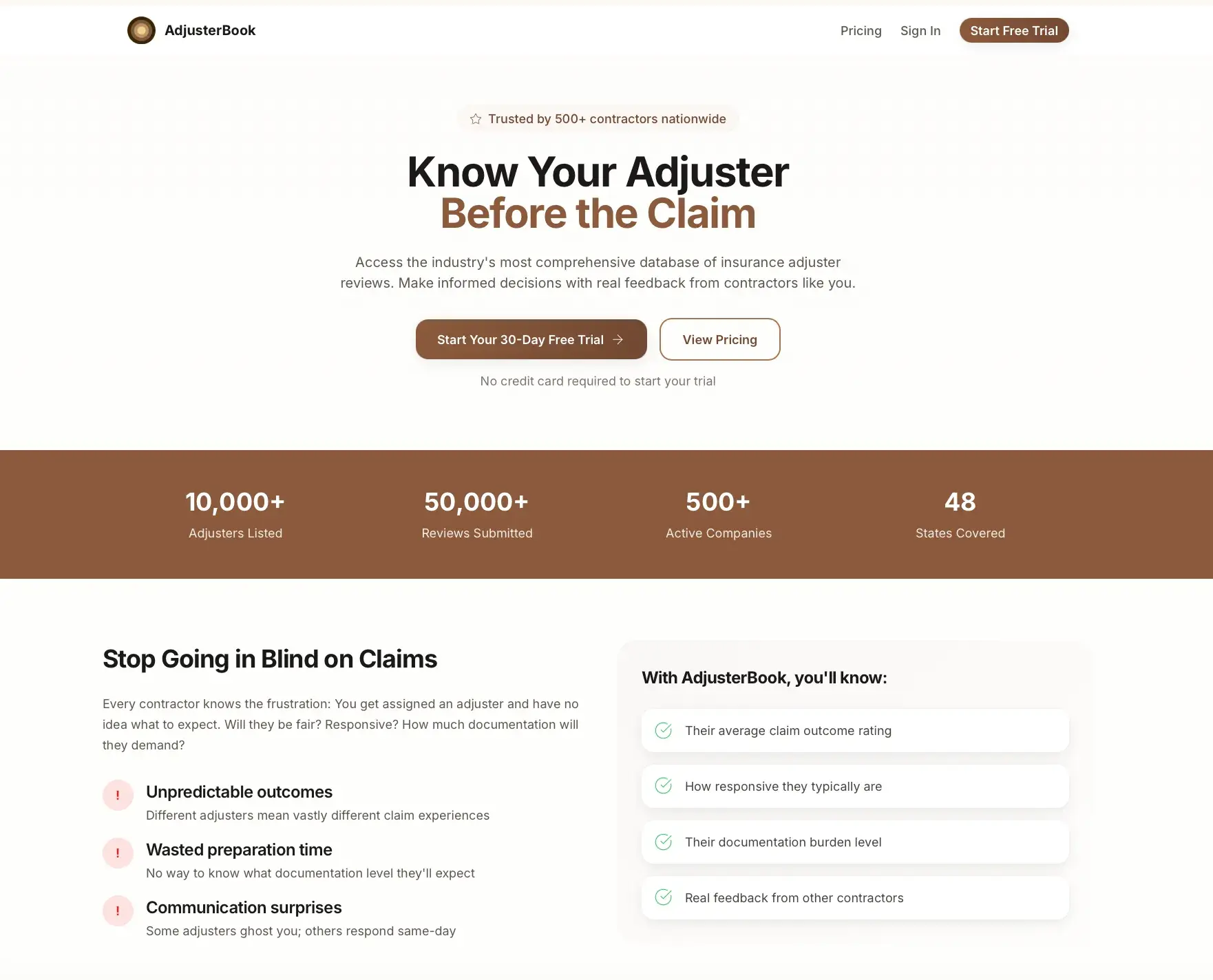 AdjusterBook marketing landing page headlined Know Your Adjuster Before the Claim, with stat bar and a list of what the database reveals.