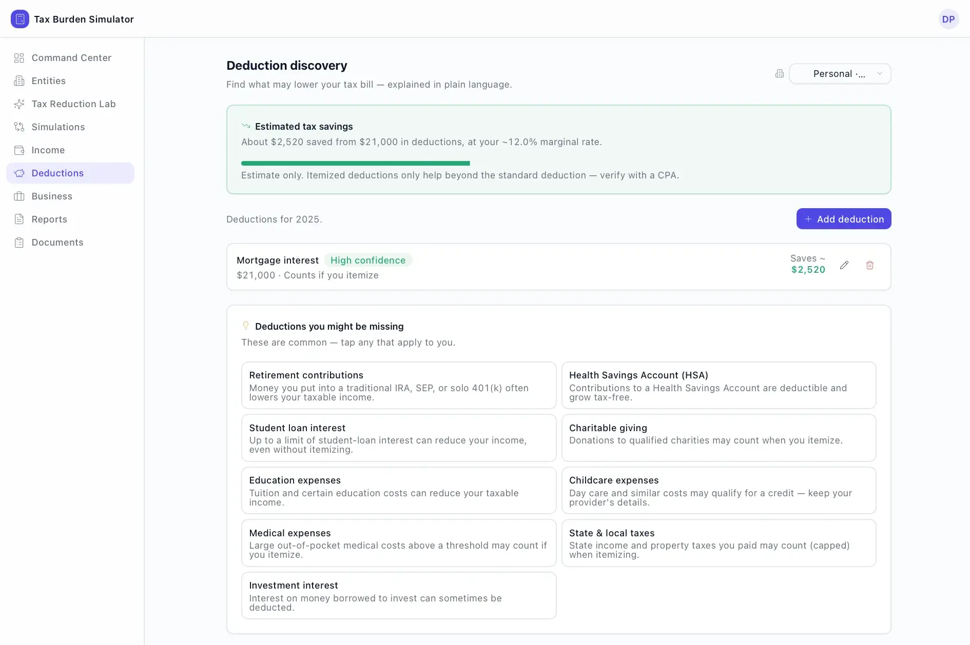 Tax Burden Simulator Deduction discovery page estimating $2,520 saved from a mortgage-interest deduction and a grid of common deductions the user might be missing.
