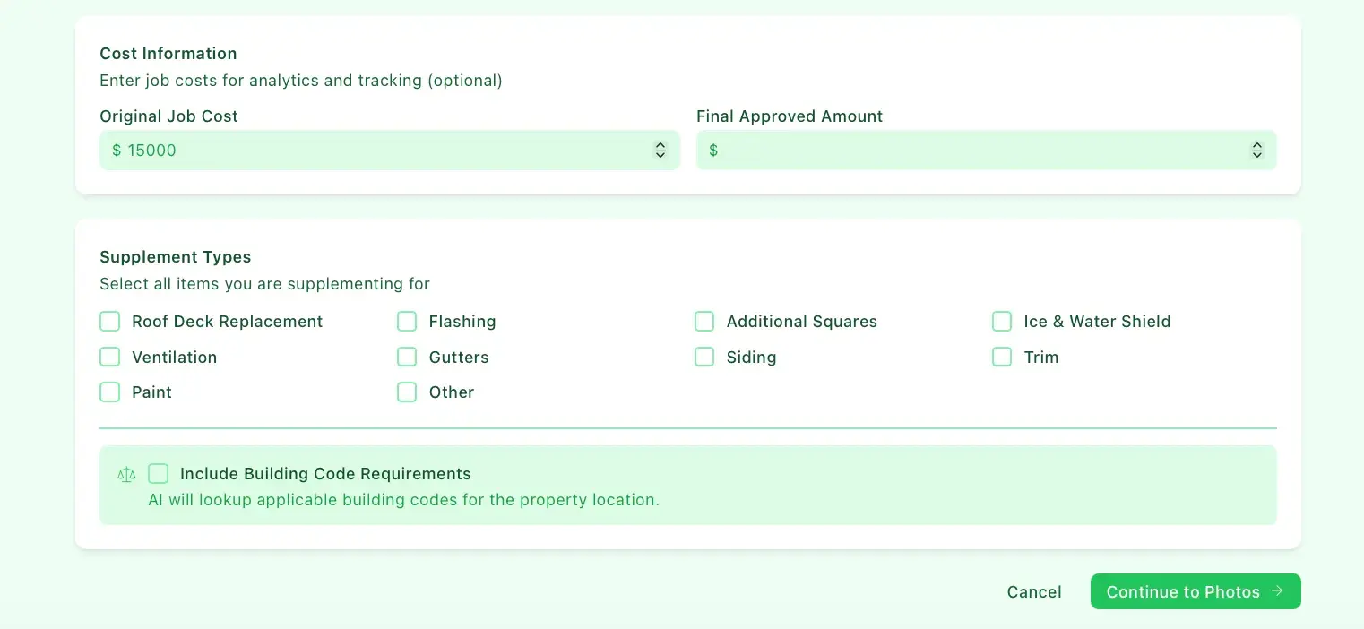 SuppoTrack new supplement form lower section with cost information fields and Supplement Types checkboxes (roof deck, flashing, gutters, siding, etc.) plus Continue to Photos