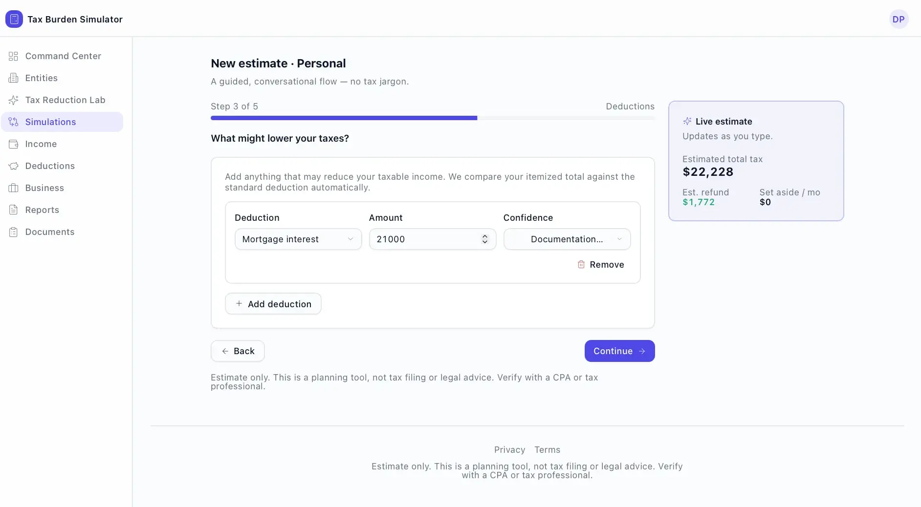 Tax Burden Simulator wizard step 3 of 5 (Deductions) with a mortgage-interest deduction entry and Add deduction, comparing itemized against the standard deduction.