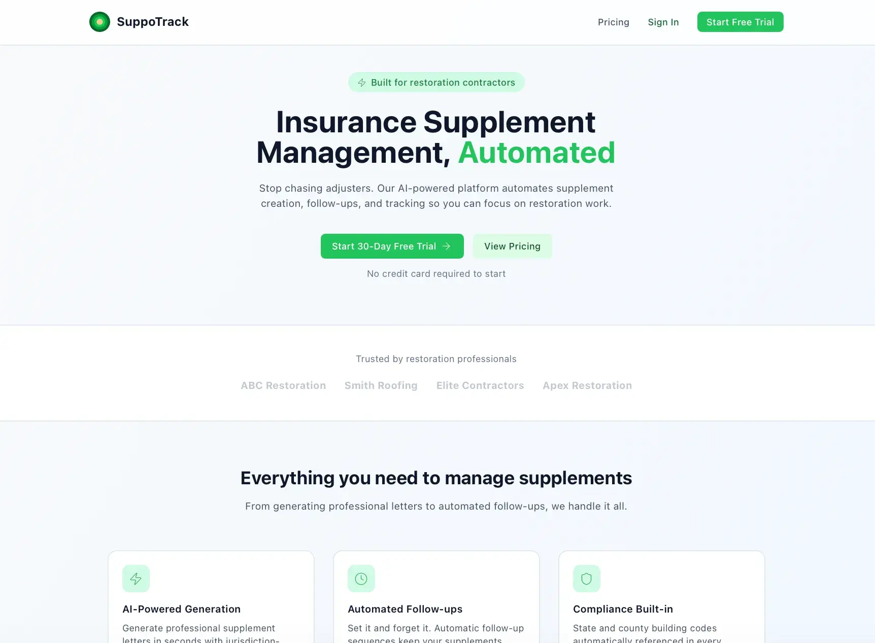 SuppoTrack marketing landing page headlined Insurance Supplement Management, Automated, with trial buttons, trusted-by names, and feature cards for AI generation and follow-ups