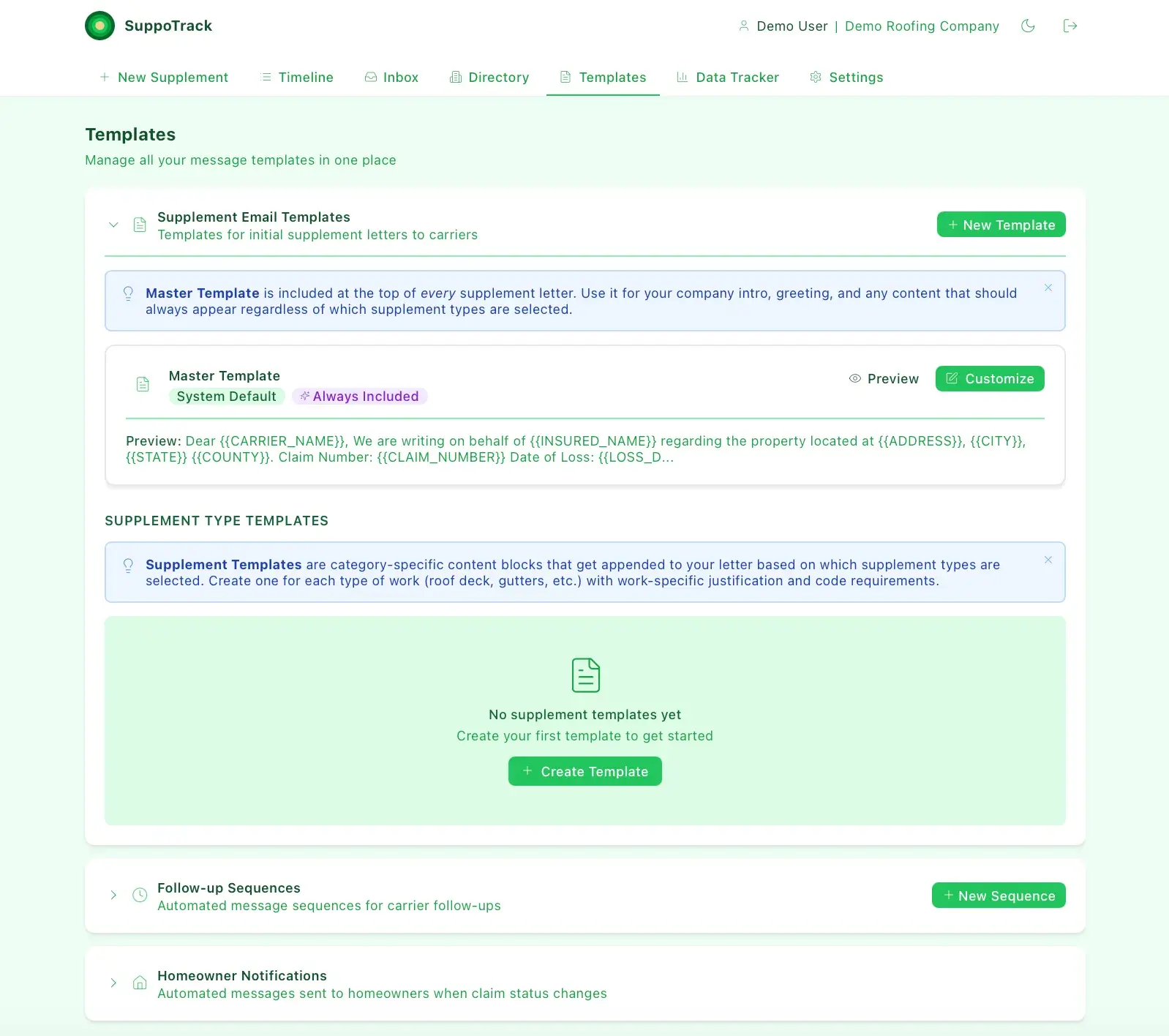 SuppoTrack Templates page with a Master Template for supplement letters showing a merge-field preview, and an empty supplement-type templates section