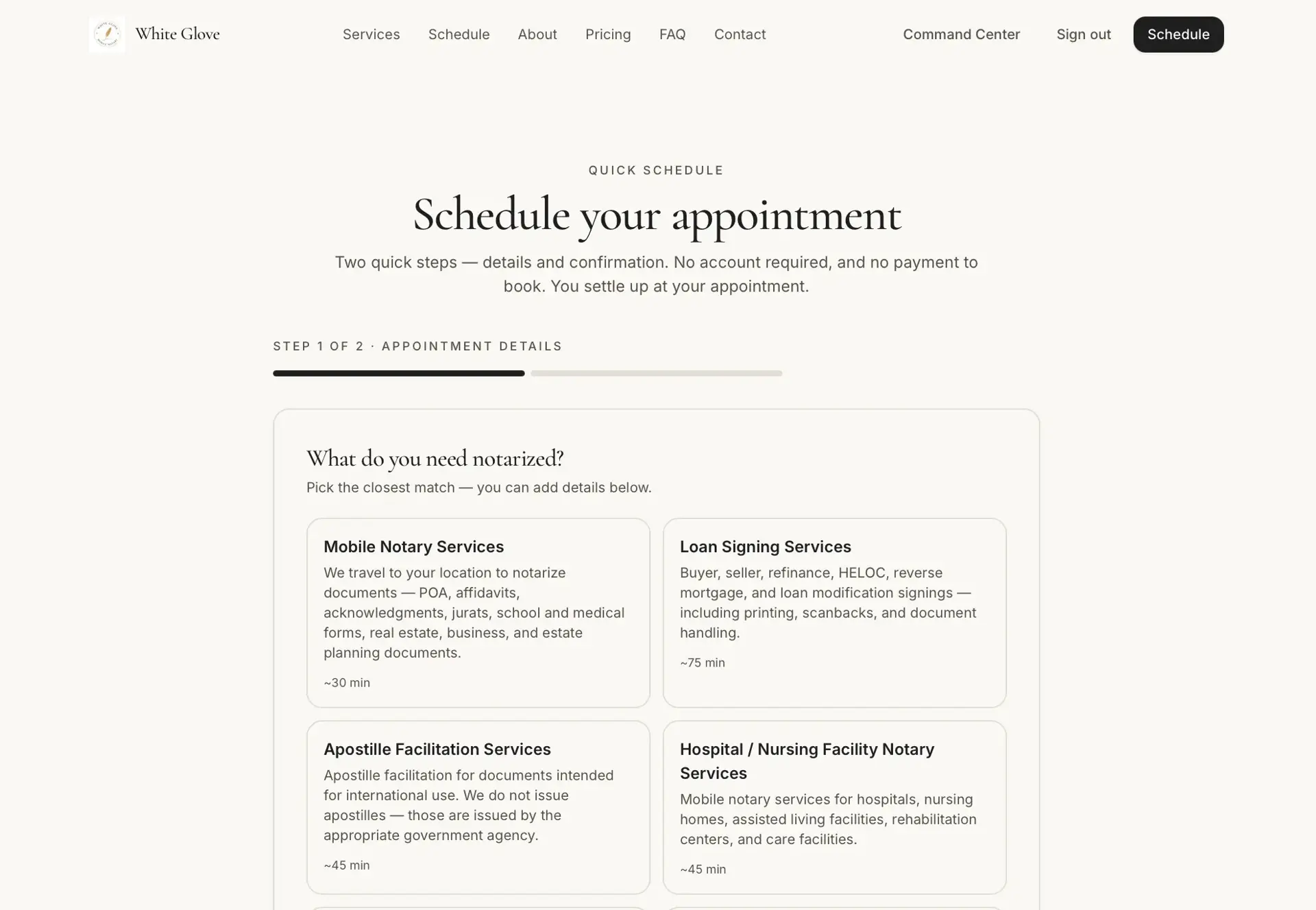 Quick Schedule step 1 of 2 asking 'What do you need notarized?' with selectable service cards showing durations like ~30 min and ~75 min