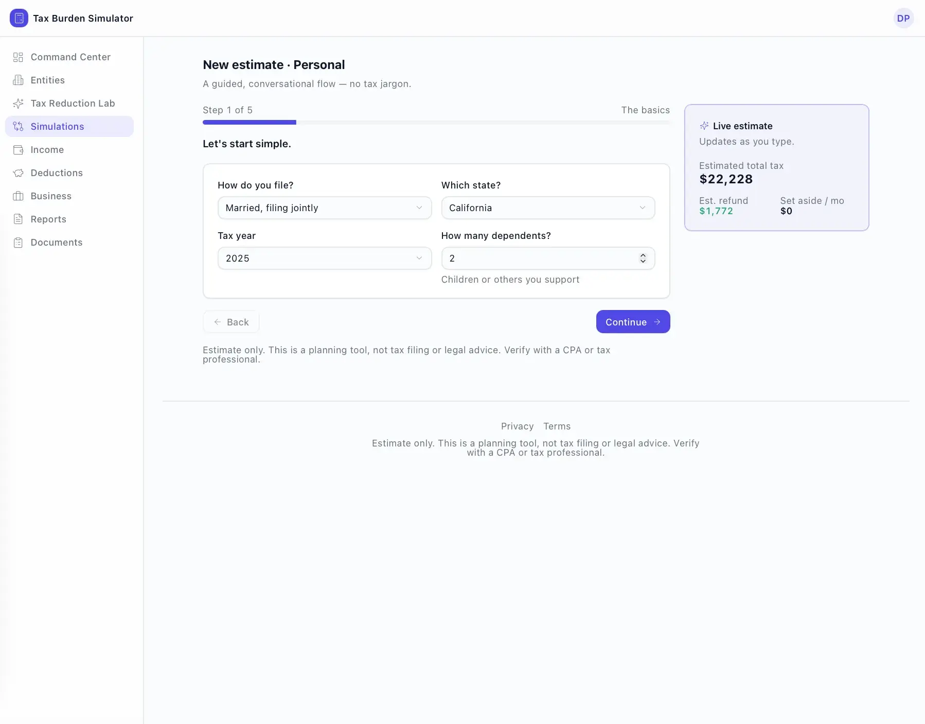 Tax Burden Simulator new-estimate wizard, step 1 of 5 (The basics): filing status, state, tax year, and dependents fields with a live estimate panel showing $22,228.