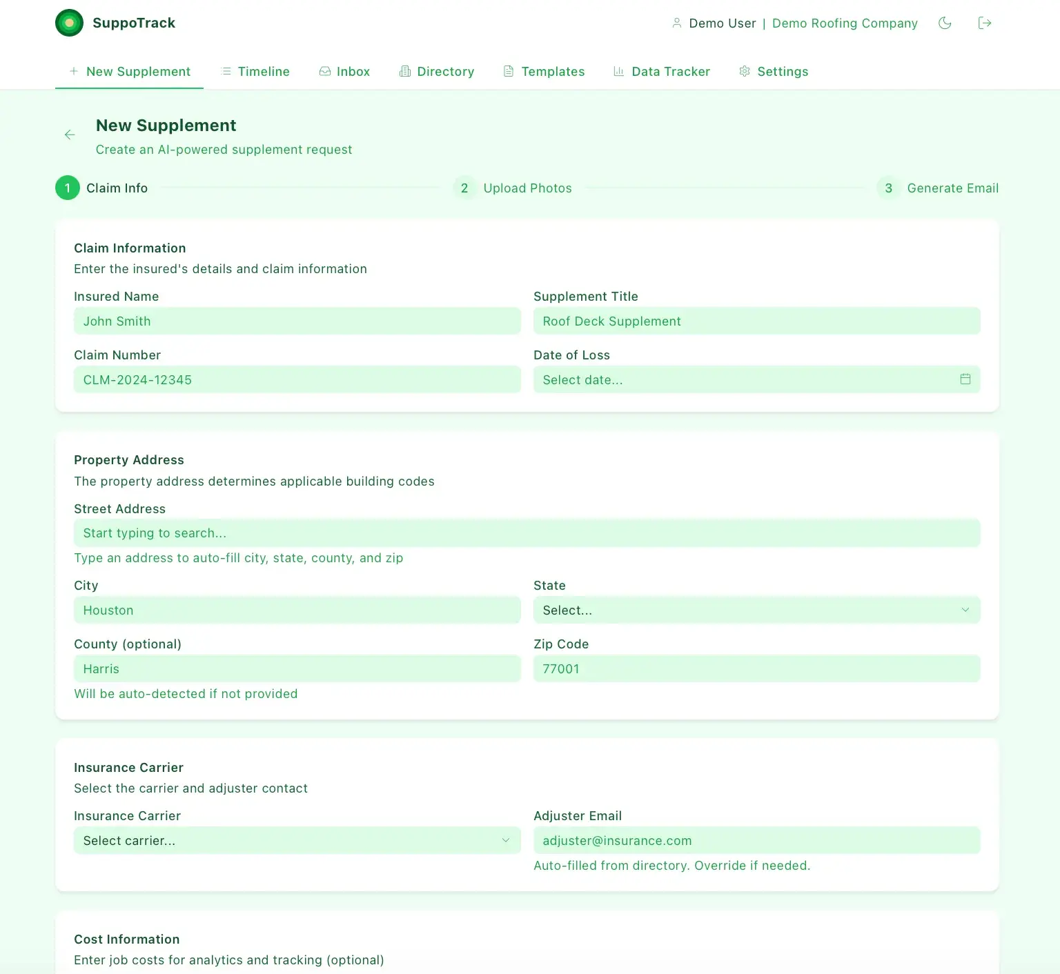 SuppoTrack New Supplement step 1 of 3 (Claim Info) form with insured name, claim number, supplement title, property address, and insurance carrier fields